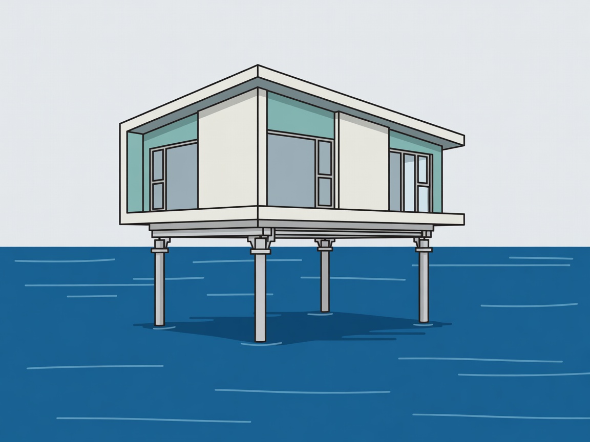 Flat vector illustration of a modern amphibious home rising on guide posts during a flood