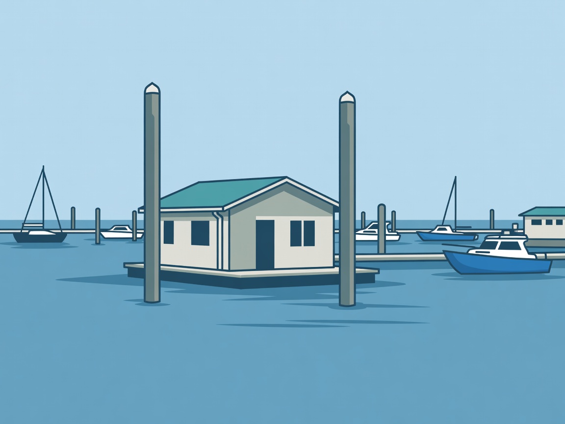 Flat vector illustration of a floating home attached to guide piles during high tide