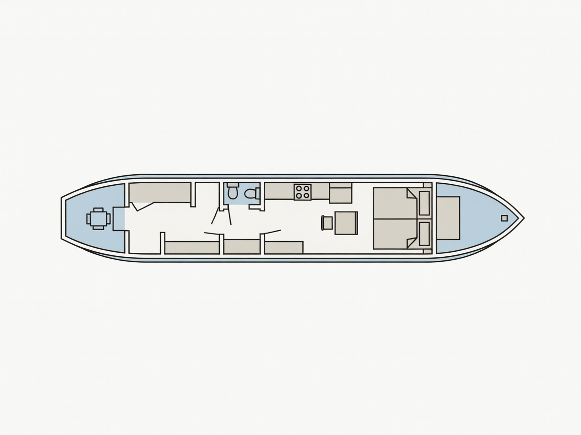 Flat vector illustration showing the top-down floor plan of a standard narrowboat